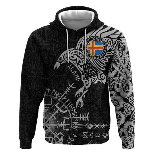 Aland Viking Ravens Vegvisir Runes Pattern Hoodie