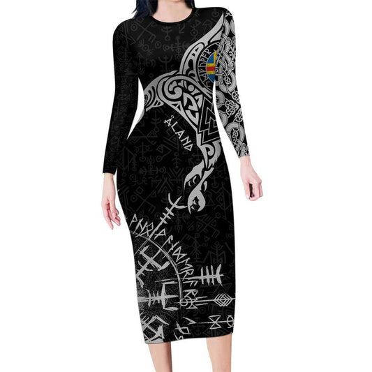 Aland Viking Ravens Vegvisir Runes Pattern Long Sleeve Bodycon Dress