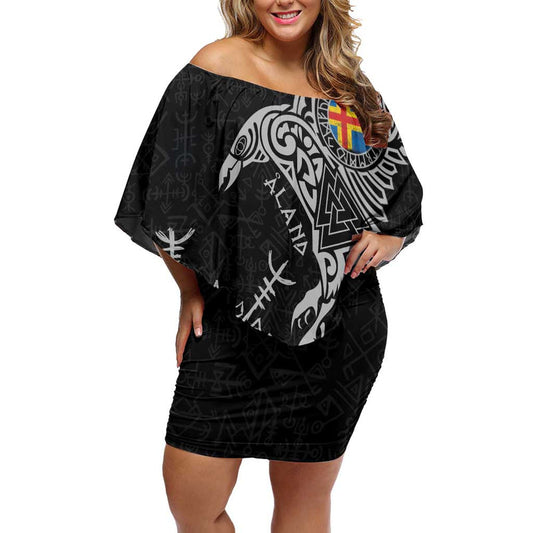 Aland Viking Ravens Vegvisir Runes Pattern Off Shoulder Short Dress