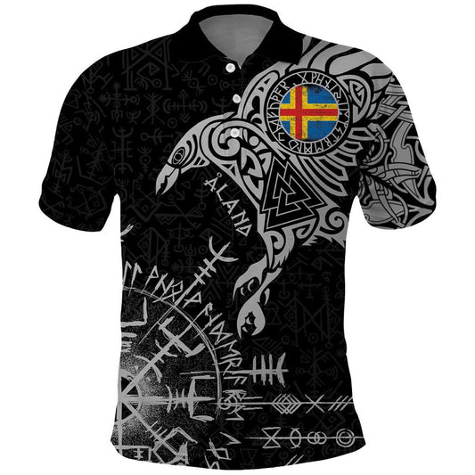 Aland Viking Ravens Vegvisir Runes Pattern Polo Shirt