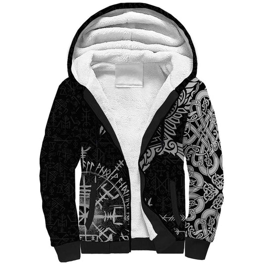 Aland Viking Ravens Vegvisir Runes Pattern Sherpa Hoodie