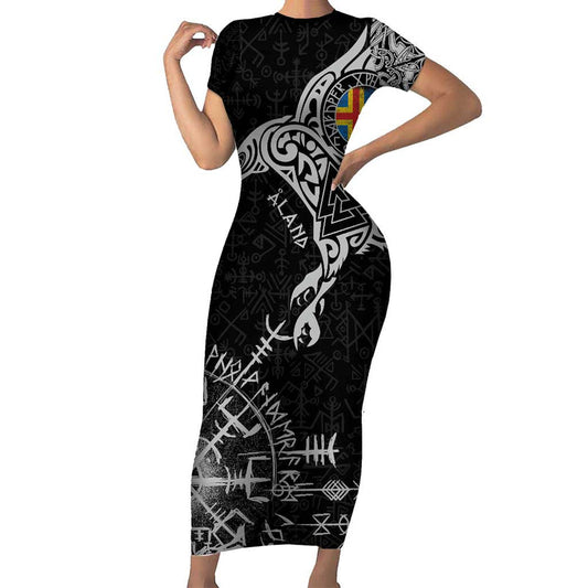 Aland Viking Ravens Vegvisir Runes Pattern Short Sleeve Bodycon Dress