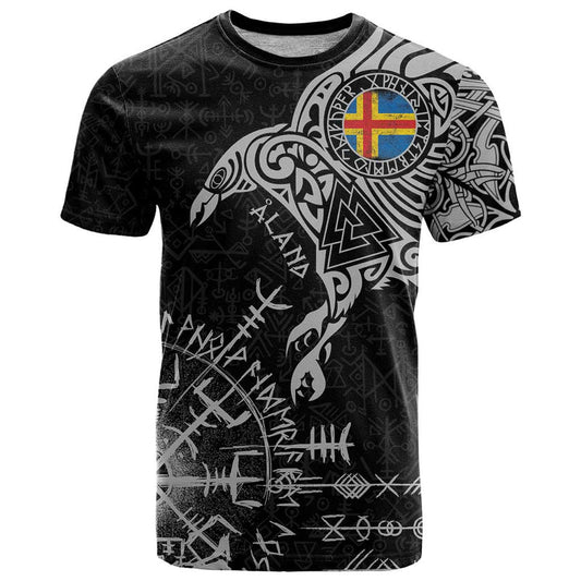 Aland Viking Ravens Vegvisir Runes Pattern T Shirt