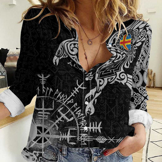 Aland Viking Ravens Vegvisir Runes Pattern Women Casual Shirt