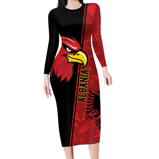 Albania Eagle National Emblem Grunge Pattern Long Sleeve Bodycon Dress