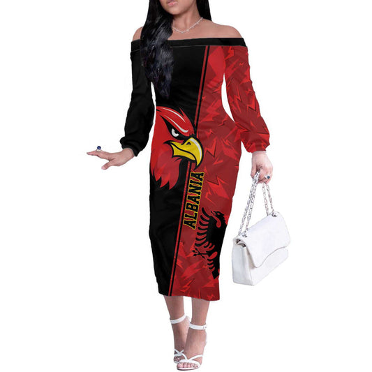 Albania Eagle National Emblem Grunge Pattern Off The Shoulder Long Sleeve Dress