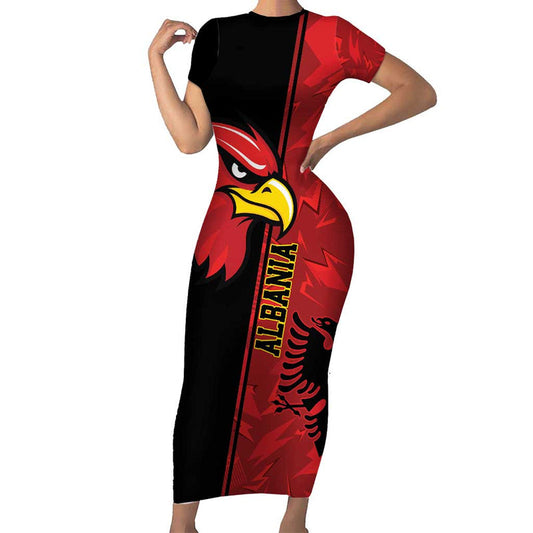 Albania Eagle National Emblem Grunge Pattern Short Sleeve Bodycon Dress