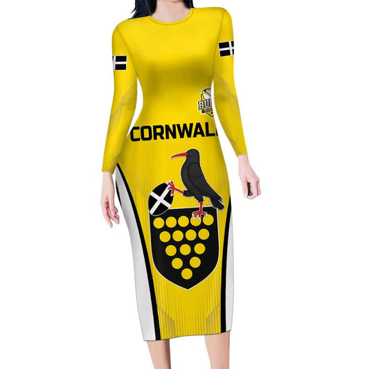 Custom Cornwall Rugby Cornish Chough Go Champion Long Sleeve Bodycon Dress
