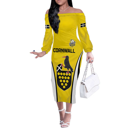 Custom Cornwall Rugby Cornish Chough Go Champion Off The Shoulder Long Sleeve Dress