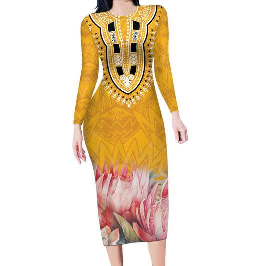 Africa Dashiki King Protea Floral Motif Patterns Long Sleeve Bodycon Dress