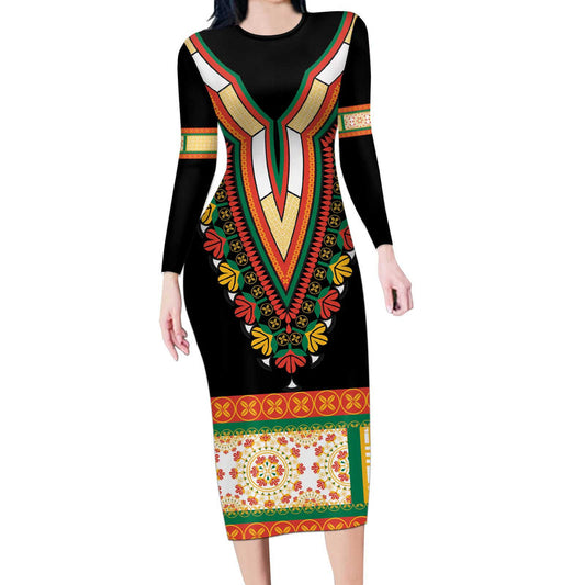 Africa Dashiki Embroidery Neckline Floral Pattern Long Sleeve Bodycon Dress
