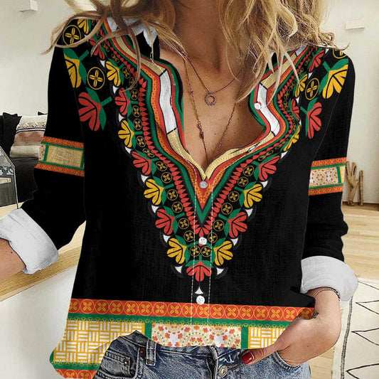 Africa Dashiki Embroidery Neckline Floral Pattern Women Casual Shirt