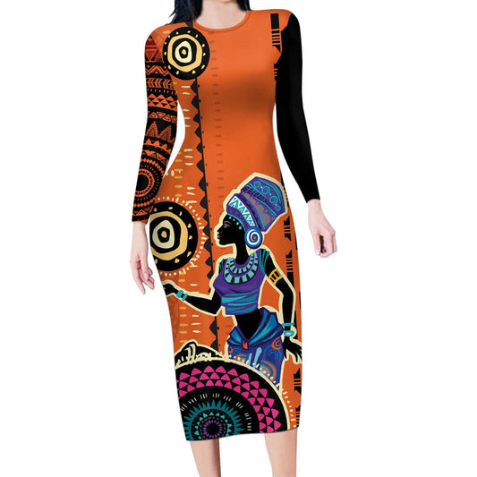 African Woman In Ethnic Dress Ethnic Geometric Patterns Long Sleeve Bodycon Dress
