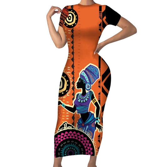 African Woman In Ethnic Dress Ethnic Geometric Patterns Short Sleeve Bodycon Dress