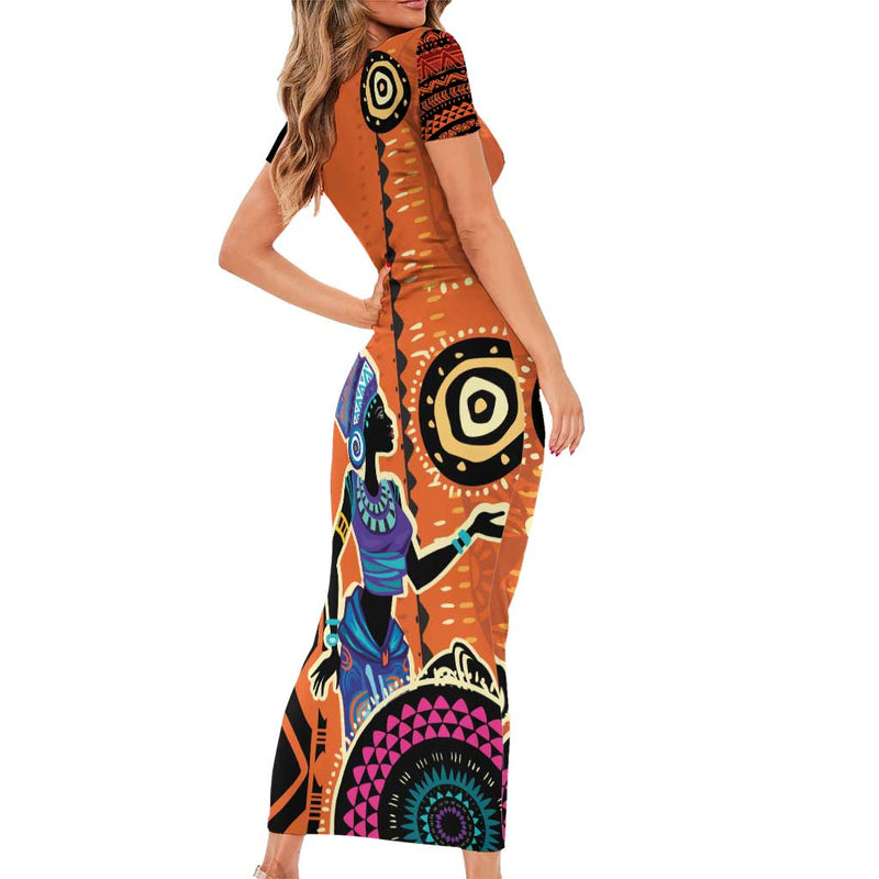 African Woman In Ethnic Dress Ethnic Geometric Patterns Short Sleeve Bodycon Dress