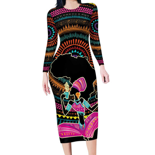 Africa Beautiful Black Woman Long Sleeve Bodycon Dress