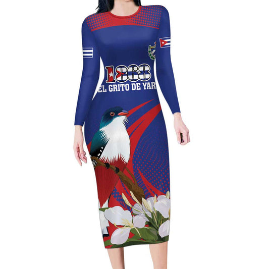 Custom Cuba Independence Day 1868 Tocororo With White Mariposa Long Sleeve Bodycon Dress