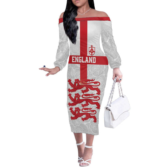 Custom England Fooball The Three Lions Red Version Off The Shoulder Long Sleeve Dress