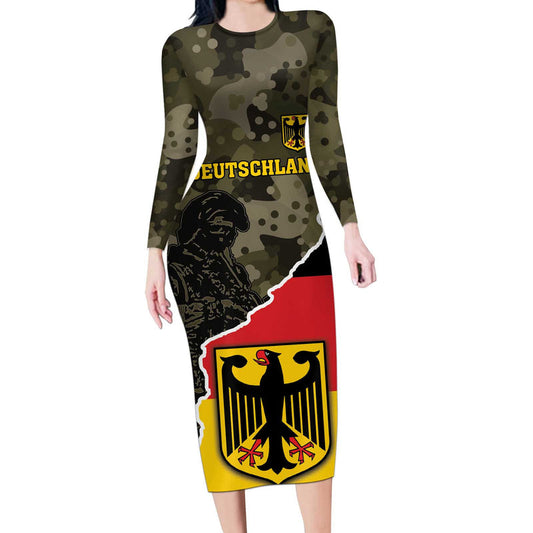 Custom Germany 1990 Coat Of Arms With Camo Patterns Long Sleeve Bodycon Dress