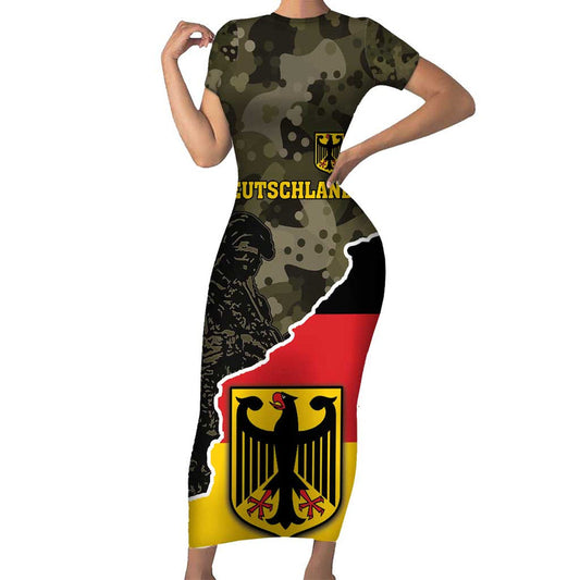 Custom Germany 1990 Coat Of Arms With Camo Patterns Short Sleeve Bodycon Dress