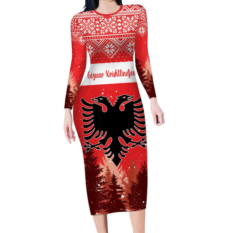 Albania Christmas The Double-headed Eagle Christmas Pattern Long Sleeve Bodycon Dress