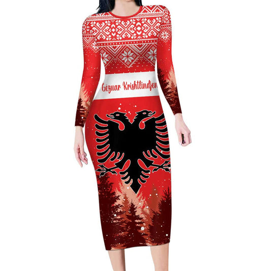 Albania Christmas The Double-headed Eagle Christmas Pattern Long Sleeve Bodycon Dress