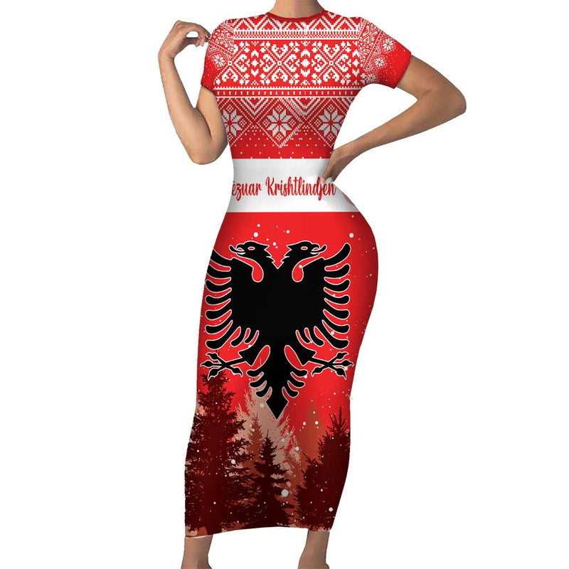 Albania Christmas The Double-headed Eagle Christmas Pattern Short Sleeve Bodycon Dress