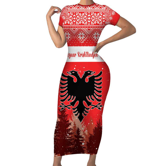 Albania Christmas The Double-headed Eagle Christmas Pattern Short Sleeve Bodycon Dress
