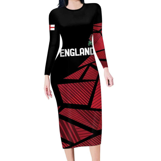 England Rugby Custom Red Roses Go Champion Long Sleeve Bodycon Dress