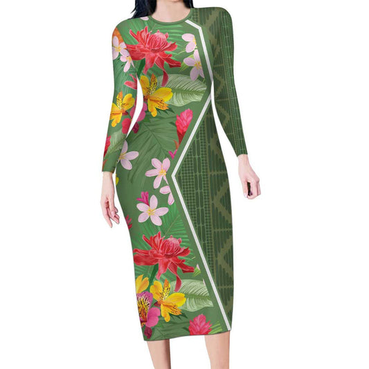 Africa Tropical Flowers Green Version Long Sleeve Bodycon Dress