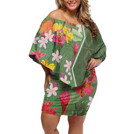 Africa Tropical Flowers Green Version Off Shoulder Short Dress