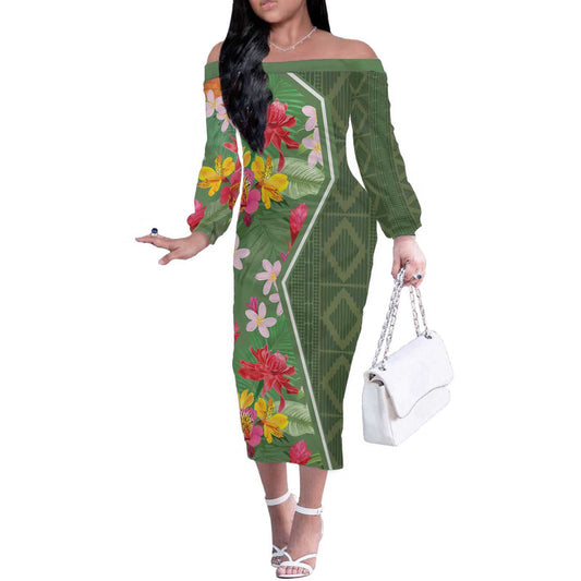 Africa Tropical Flowers Green Version Off The Shoulder Long Sleeve Dress
