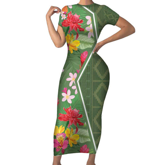 Africa Tropical Flowers Green Version Short Sleeve Bodycon Dress