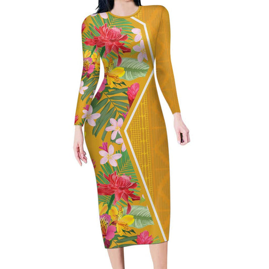 Africa Tropical Flowers Yellow Version Long Sleeve Bodycon Dress