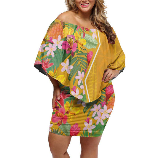 Africa Tropical Flowers Yellow Version Off Shoulder Short Dress