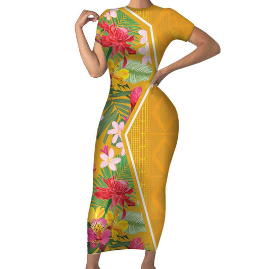 Africa Tropical Flowers Yellow Version Short Sleeve Bodycon Dress