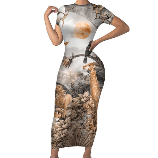 Africa Safari Animals Short Sleeve Bodycon Dress