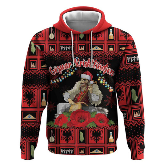 Albania Christmas Albanian Man Playing Lahuta With Red Poppy Hoodie