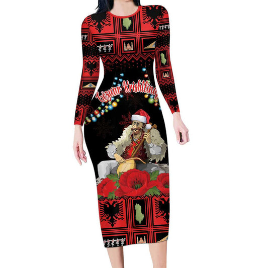 Albania Christmas Albanian Man Playing Lahuta With Red Poppy Long Sleeve Bodycon Dress