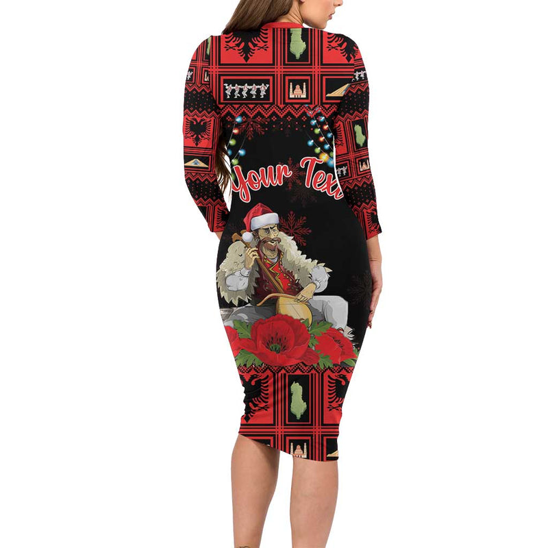 Albania Christmas Albanian Man Playing Lahuta With Red Poppy Long Sleeve Bodycon Dress