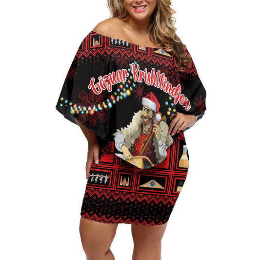 Albania Christmas Albanian Man Playing Lahuta With Red Poppy Off Shoulder Short Dress