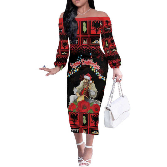 Albania Christmas Albanian Man Playing Lahuta With Red Poppy Off The Shoulder Long Sleeve Dress