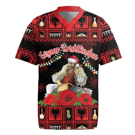 Albania Christmas Albanian Man Playing Lahuta With Red Poppy Rugby Jersey