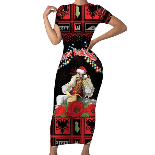 Albania Christmas Albanian Man Playing Lahuta With Red Poppy Short Sleeve Bodycon Dress