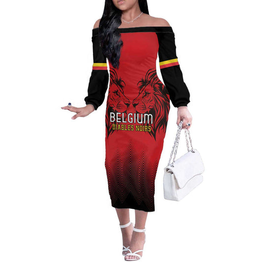 Custom Belgium Rugby Diables Noirs Lion Head Off The Shoulder Long Sleeve Dress