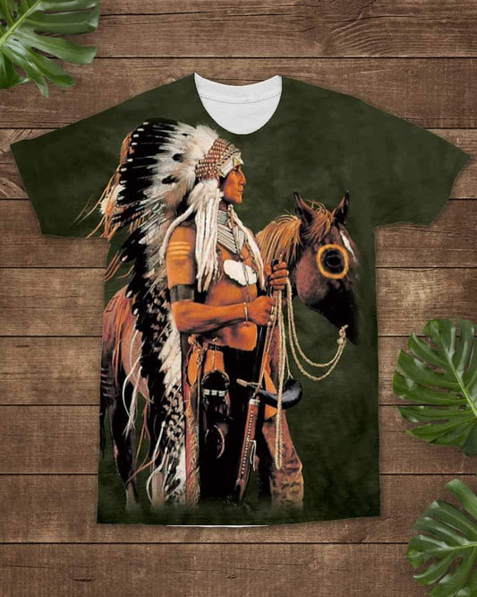 3D Native American Warrior Horse Green Background T Shirt