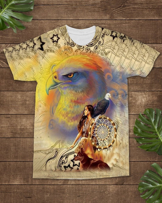 3D Native American Girl Colors Animal Dreamcatcher T Shirt