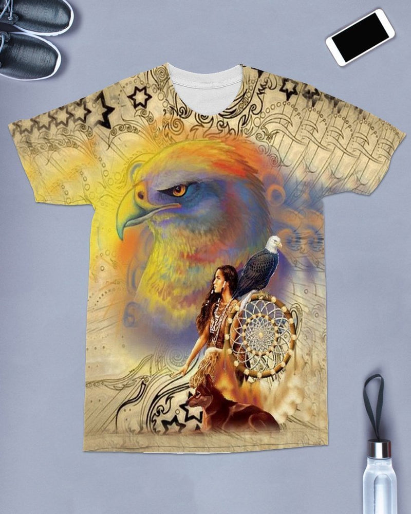 3D Native American Girl Colors Animal Dreamcatcher T Shirt