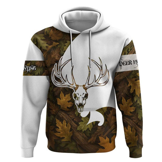 Custom Deer Hunting Skull Hoodie with Antlers Graphic on Autumn Leaf Camo Background
