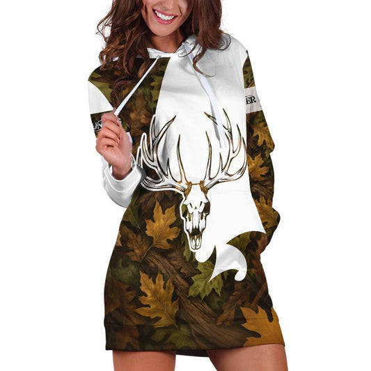 Custom Deer Hunting Skull with Antlers Graphic on Autumn Leaf Camo Background Hoodie Dress